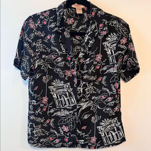 Notations Petite Small Novelty Printed Short Sleeve Button Down Shirt
